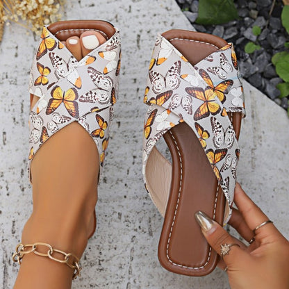 Sado - Butterfly Print Cross-Strap Flat Sandals