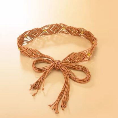Beco Hollow Knitted Tassel Waist Belt showing knit texture and tassel detail