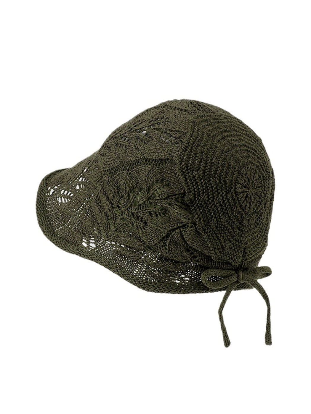 Model wearing Haila open knit tie back hat in beige, front angle