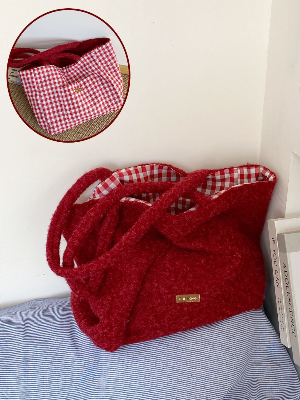 Cosbai – Plush Tote Bag with Checkered Lining