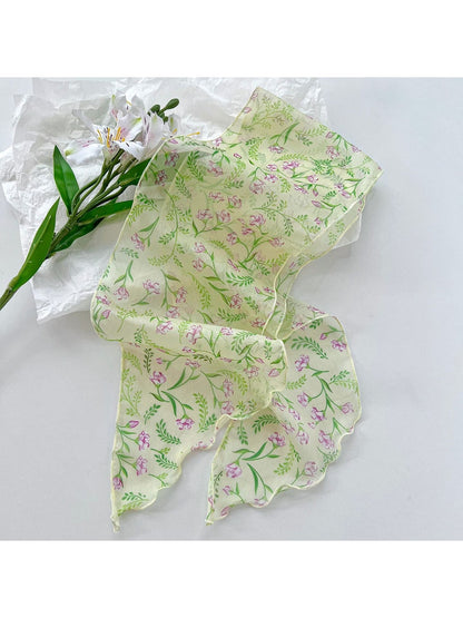 Scarvii - Romantic Floral Printed Ruffled Trim Scarf