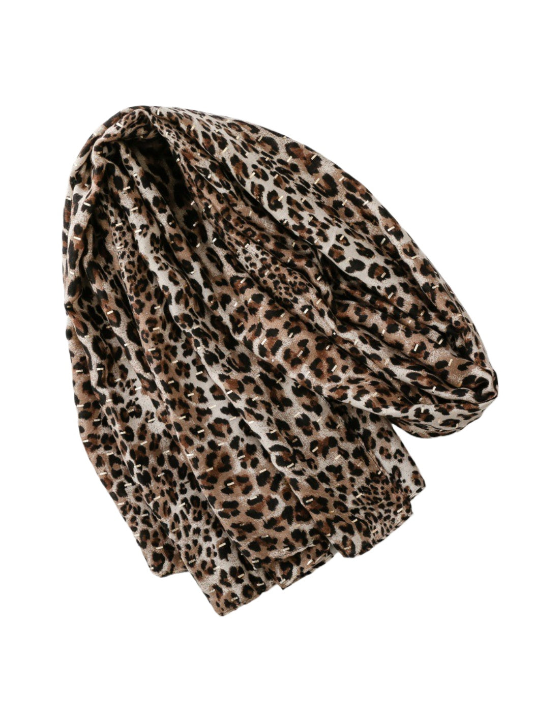 Model wearing Scarvii leopard print lightweight scarf styled around the neck