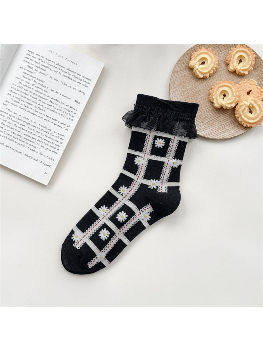 Rufia - Lace Trim Plaid Floral Crew Socks