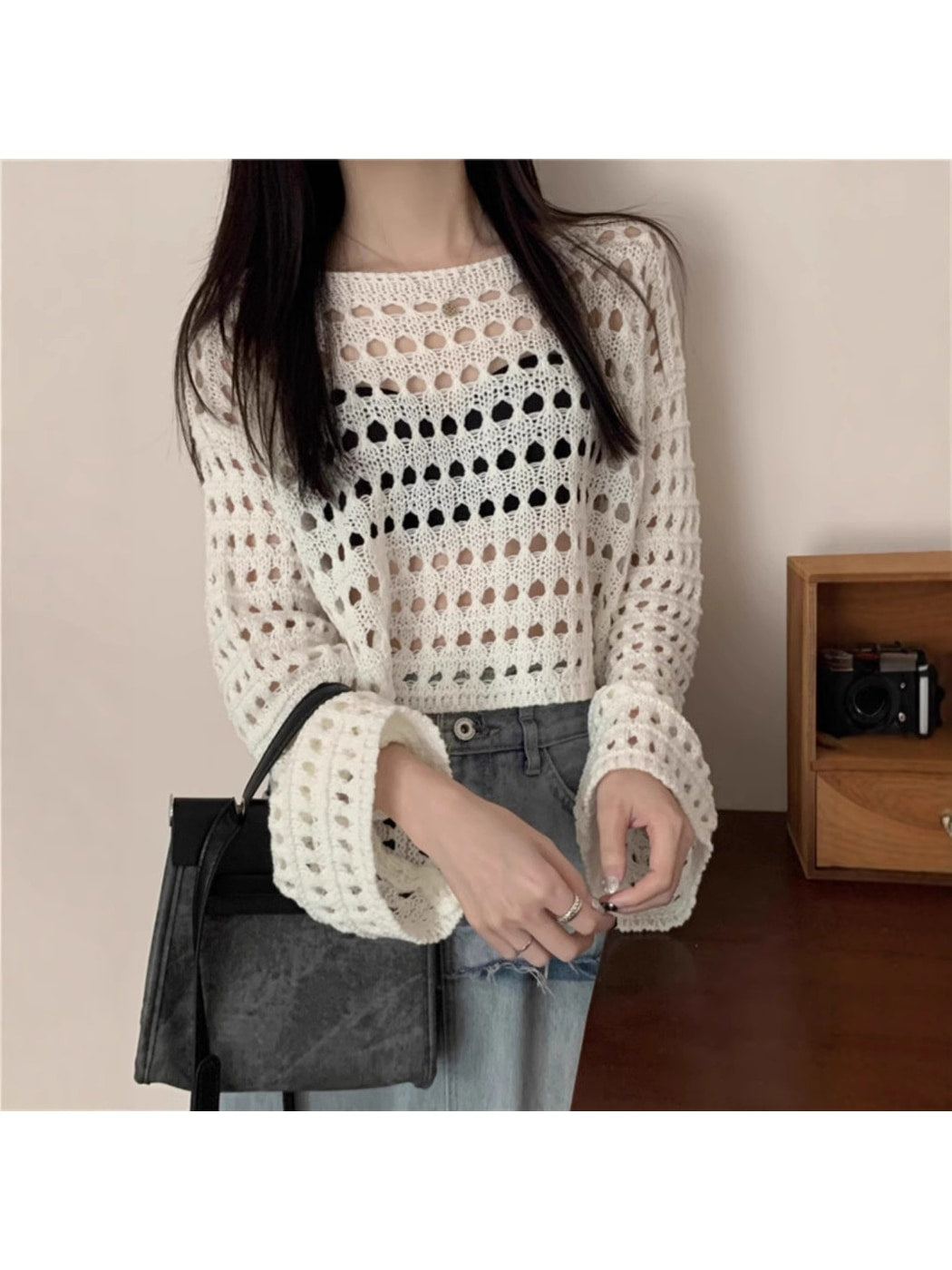 Crosa - Openwork Long Sleeve Crew Neck Knit Cover Up
