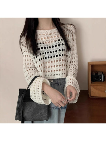 Crosa - Openwork Long Sleeve Crew Neck Knit Cover Up