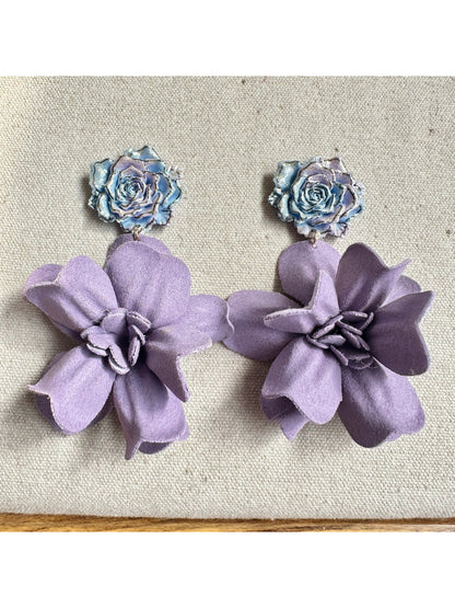 Earwish purple floral drop earrings displayed on a white background