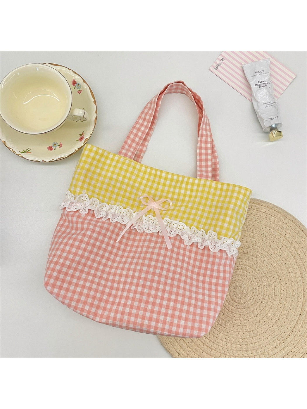 Cosbai - Lace Trim Gingham Tote Bag
