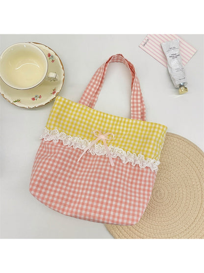 Cosbai - Lace Trim Gingham Tote Bag