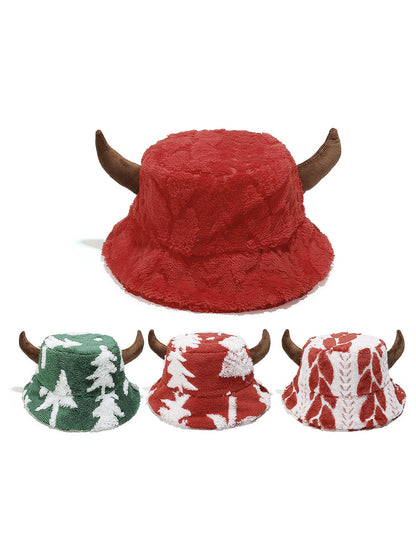 Haila Cow Print Fuzzy Bucket Hat with Horns