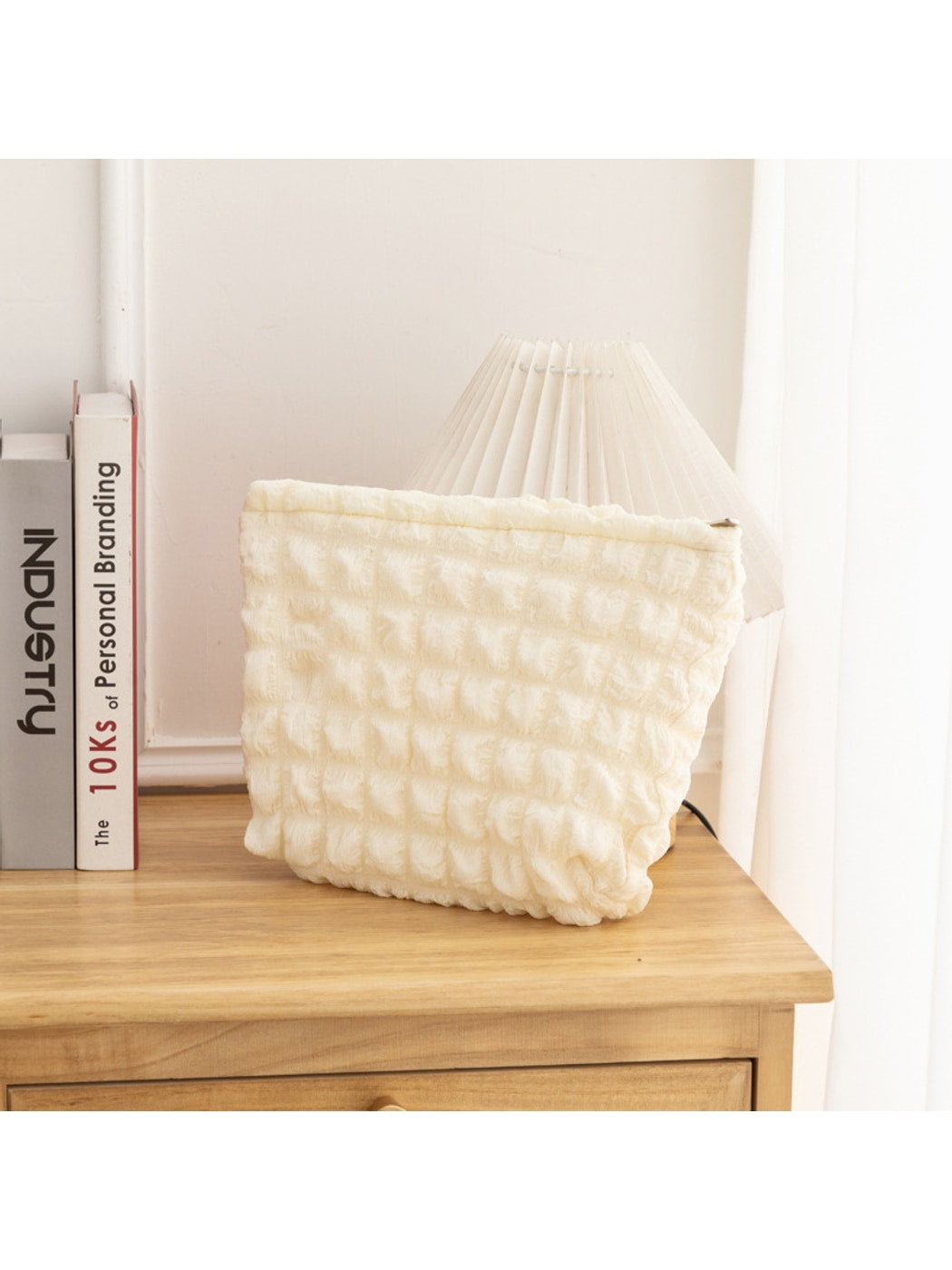 Cosbai - Puff-textured Solid Color and Stripes Zip Pouch