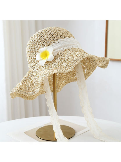 Haila - Women's Floral Lace Trim Wide Brim Hat