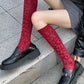 Rufia - Retro Solid Color Knee-High Socks with Embossed Print