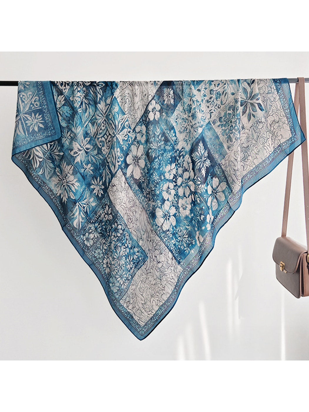 Scarvii - Blue Patchwork Floral Print Square Scarf