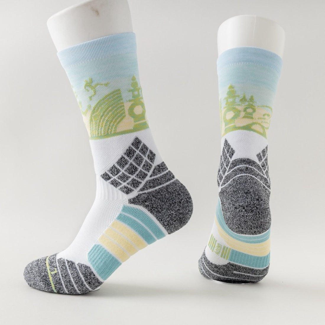 Rufia color block socks worn on feet with black, white, and red sections visible
