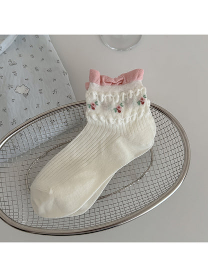 Side view of Rufia floral detail ribbed crew socks on model's foot