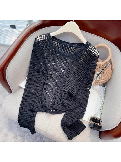 Crosa - Loose Fit Openwork Long Sleeve Pullover Top
