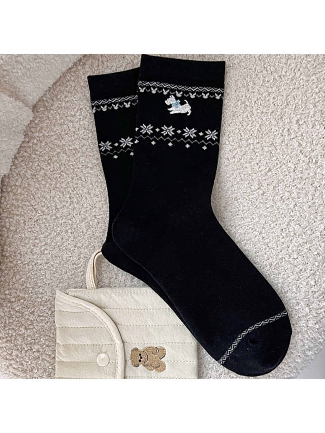 Rufia - Winter Mid-Calf Socks with Puppy & Floral Pattern