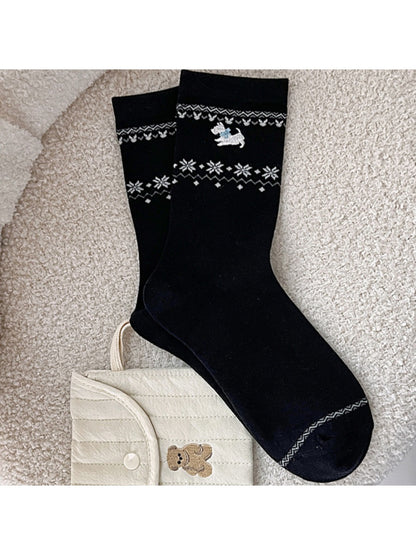 Rufia - Winter Mid-Calf Socks with Puppy & Floral Pattern