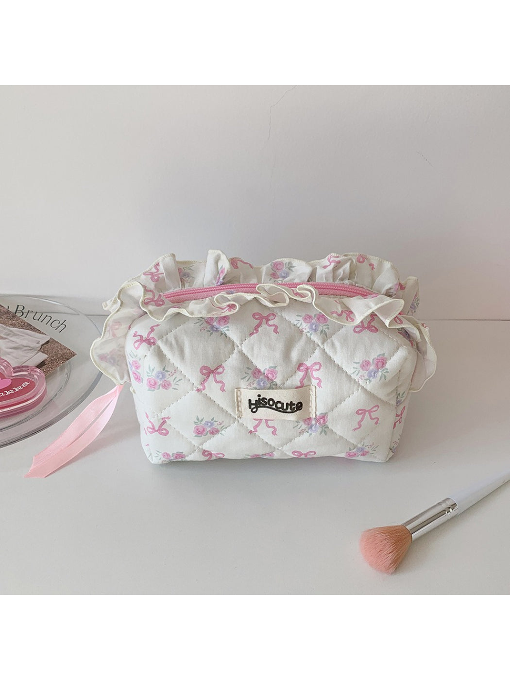 Cosbai - Sweet Bow Print Quilted Makeup Storage Bag