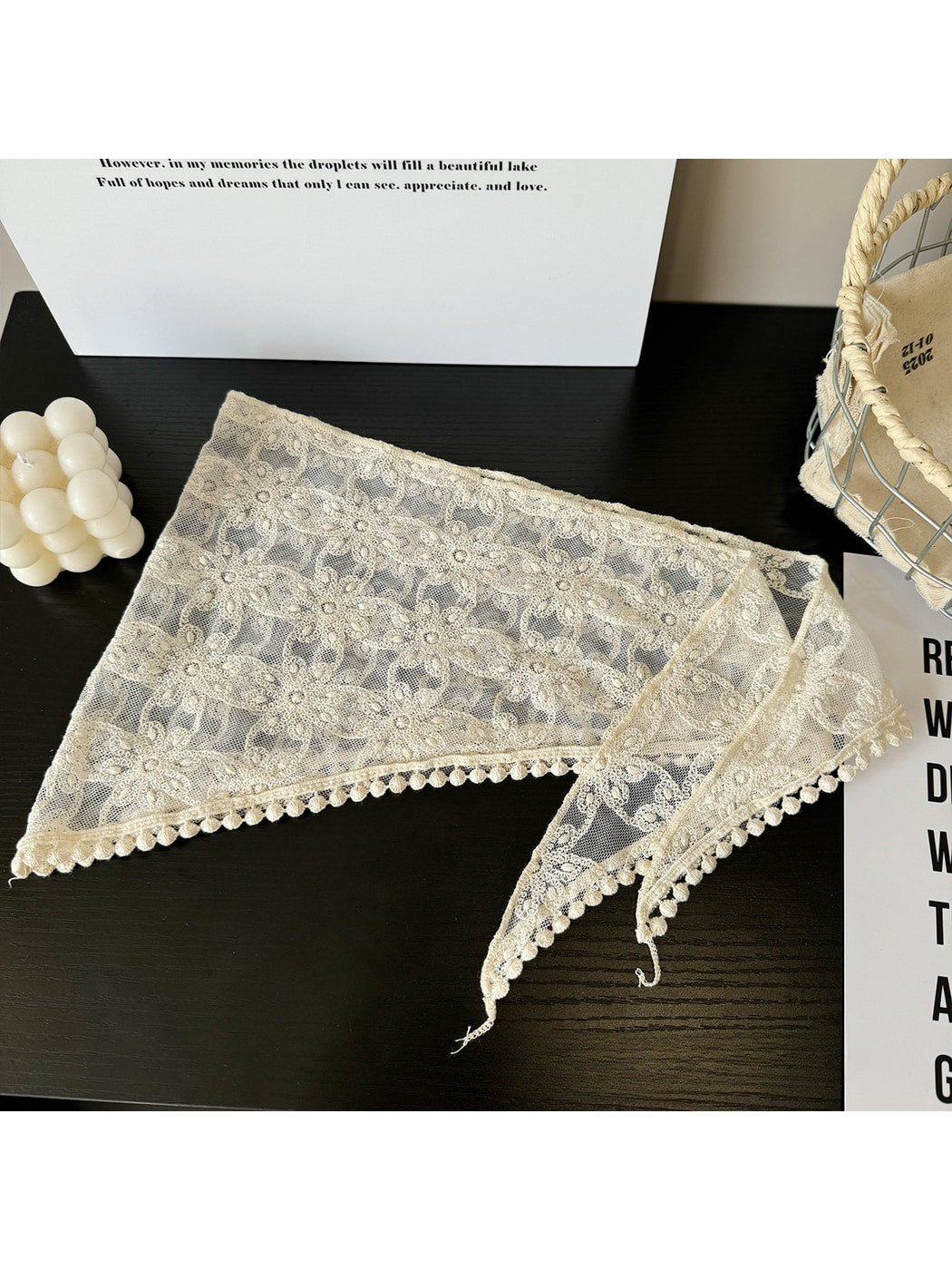 Scarvii - Beige Lace Floral Triangle Bandana