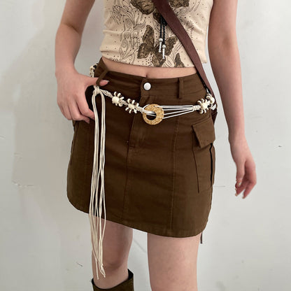 Beco Boho Beaded Braided Waist Belt Black White Belts color options including Brown, White