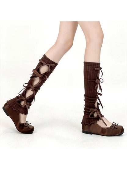 Cozyra - Ribbon Tie Striped Knit Leg Warmers