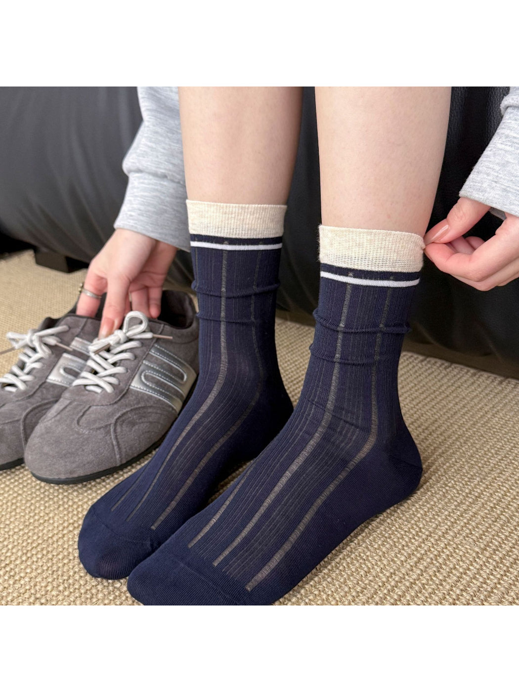 Stacked Rufia contrast stripe ribbed crew socks in multiple color variations