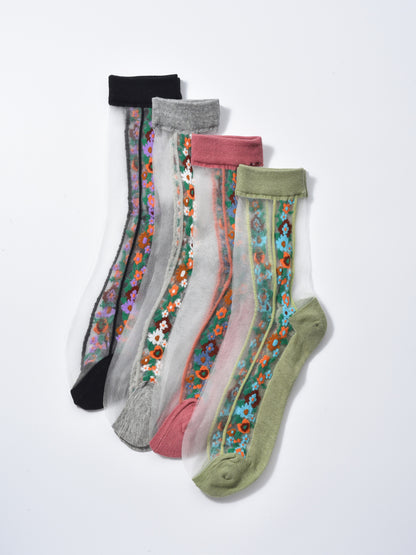 Rufia - Floral Panel Lightweight Sheer Socks