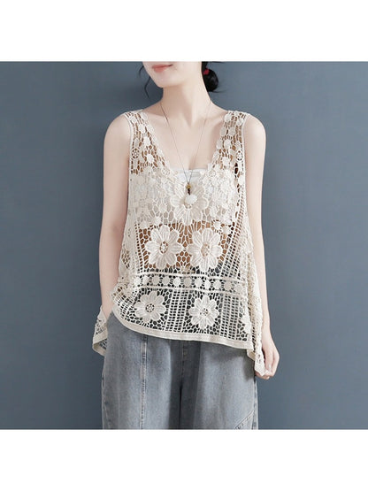 Crosa - Elegant Lace Hollow Out Sleeveless Vest
