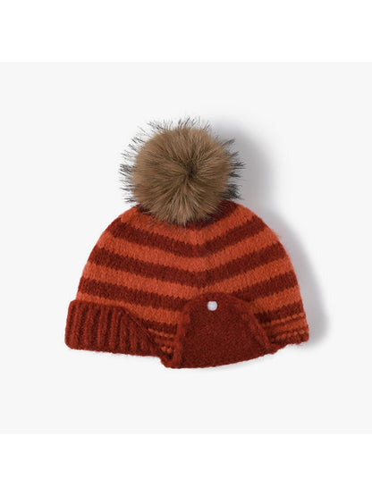 Haila - Striped Pom Ear Flap Knit Winter Hat