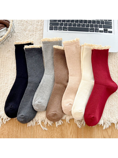 Rufia - Ribbed Lace Trim Crew Socks product image 1