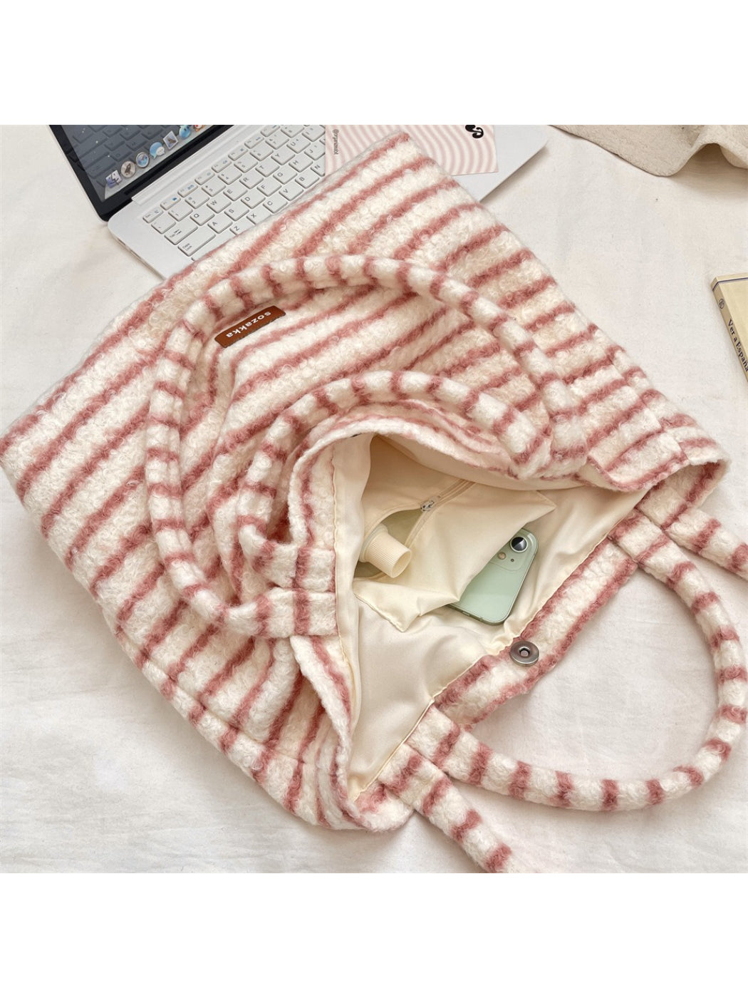 Cosbai - Soft Striped Fuzzy Shoulder Tote Bag