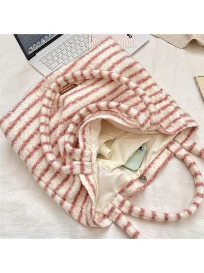 Cosbai - Soft Striped Fuzzy Shoulder Tote Bag