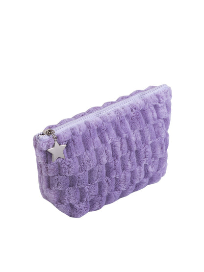 Cosbai fuzzy makeup pouch with star pendant placed on white surface