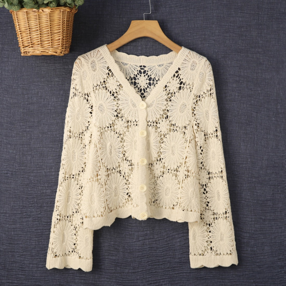 Crosa - Hollow-Out Knit Floral Long-Sleeve Cardigan