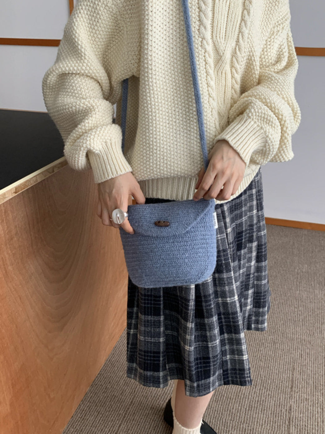 Cosbai - Textured Knit Button Flap Crossbody Bag