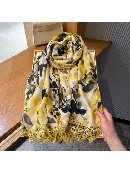 Scarvii - Yellow Botanical Print Summer Wrap Scarf