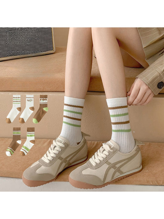 Rufia - Retro Brown Green Striped Crew Socks