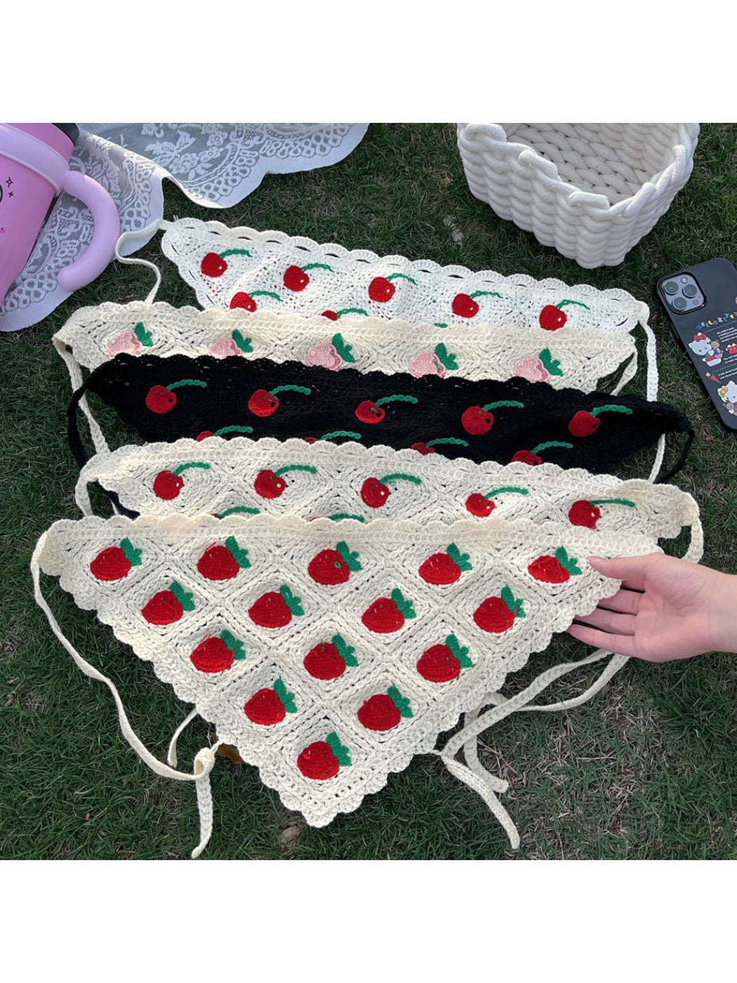 Scarvii fruit pattern crochet style triangle headband displayed flat on white background