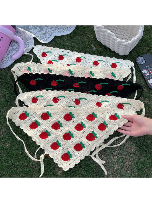 Scarvii fruit pattern crochet style triangle headband displayed flat on white background