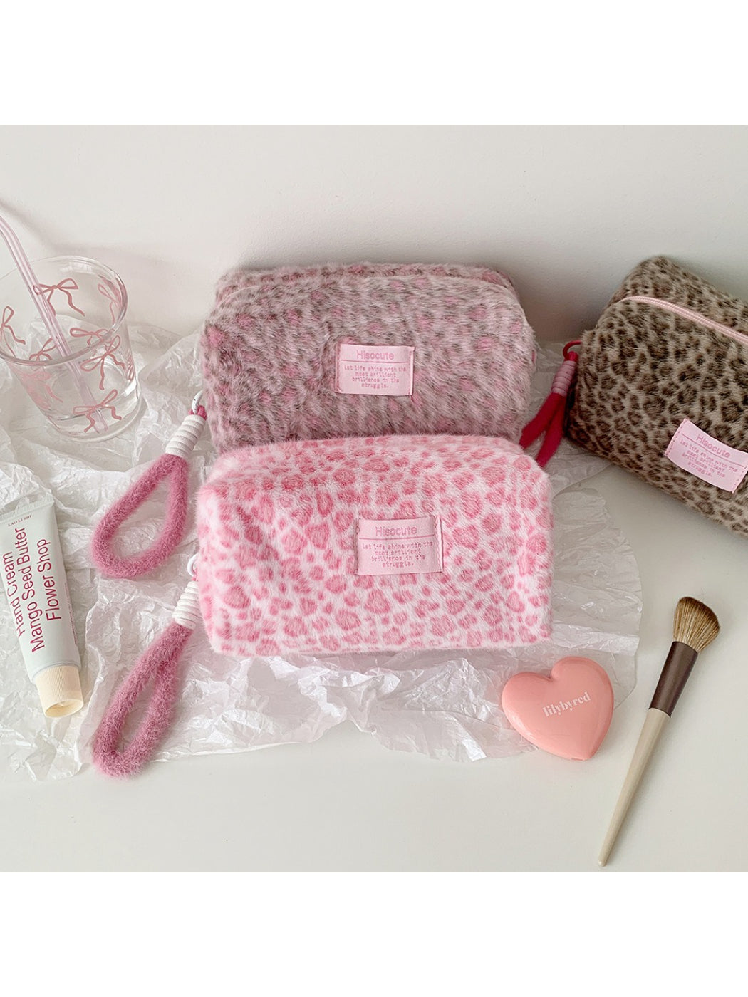 Cosbai - Plush Leopard Print Cosmetic Storage Bag
