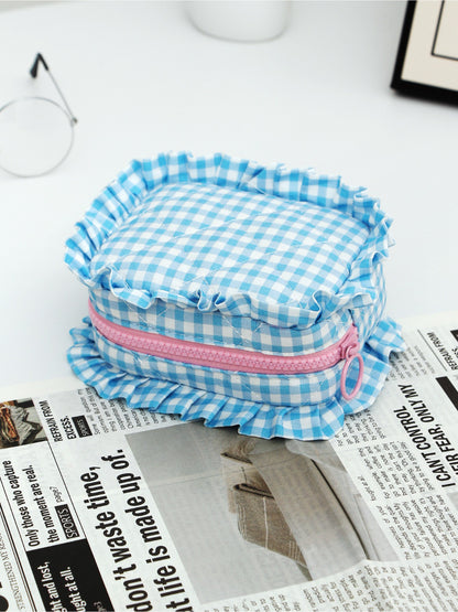 Cosbai checkered makeup pouch duo with ruffle trim in black and white pattern