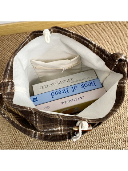 Cosbai – Vintage Plaid Tote with Knotted Detail