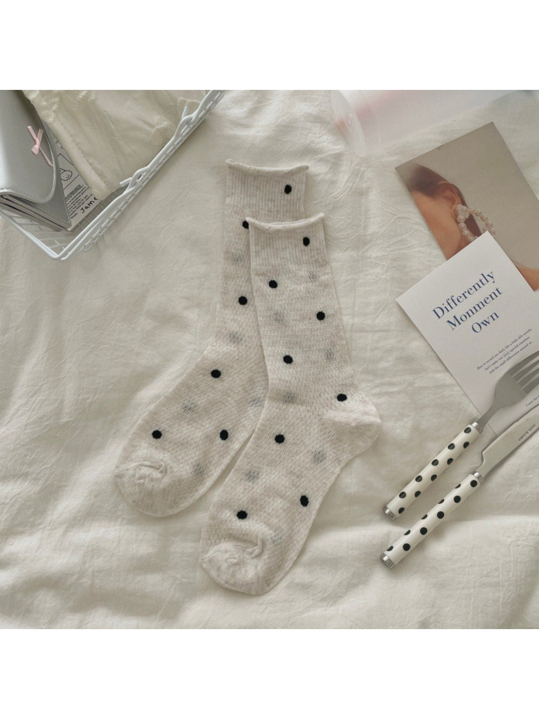 Rufia textured spot knit socks laid flat showing full length