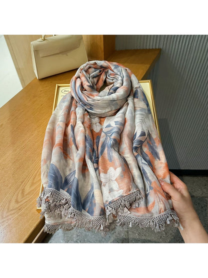 Scarvii - Floral Print Lace Trim Lightweight Wrap Scarf