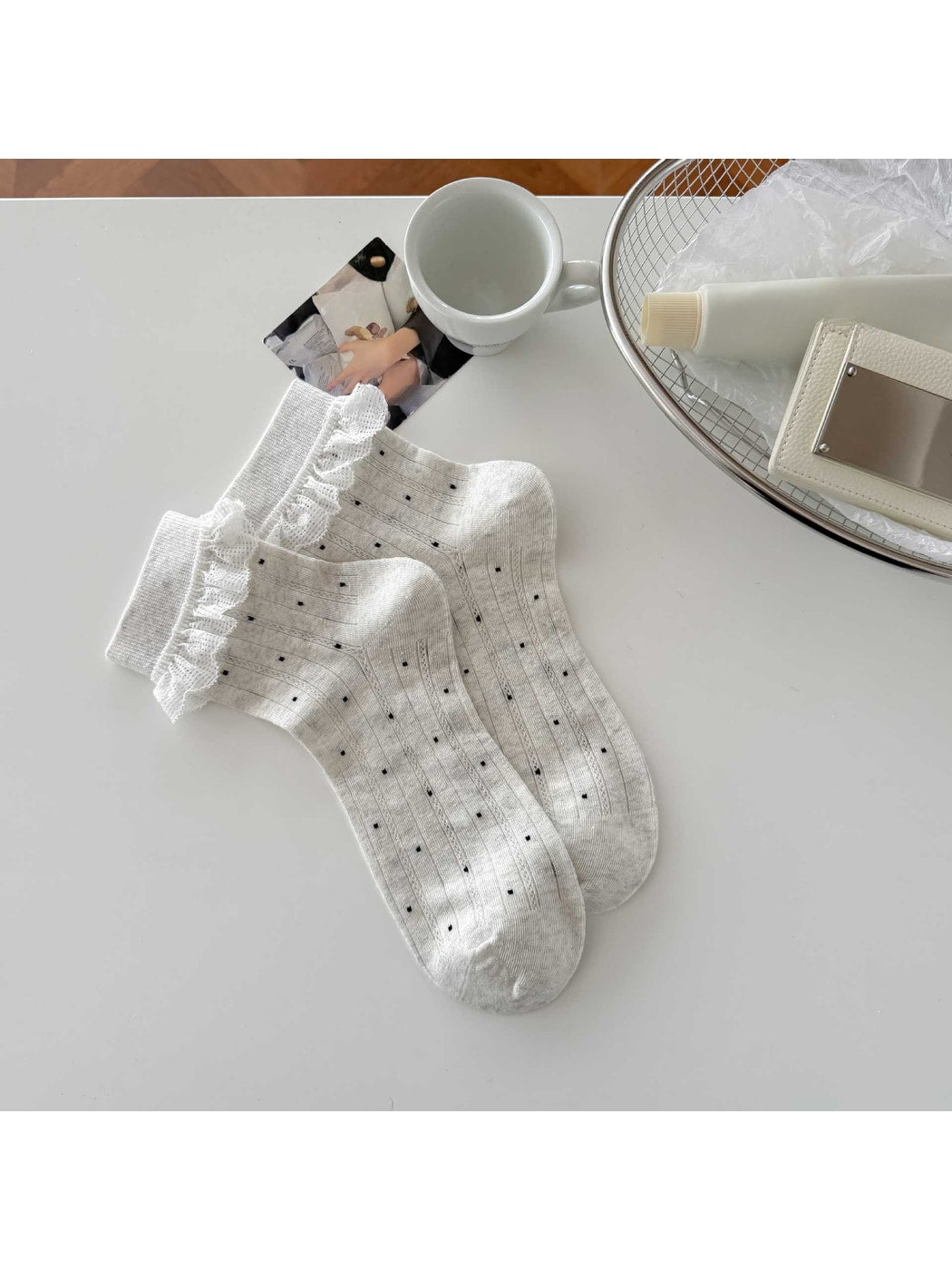 Rufia - Polka Dot Lace Trim Sweet Style Crew Socks