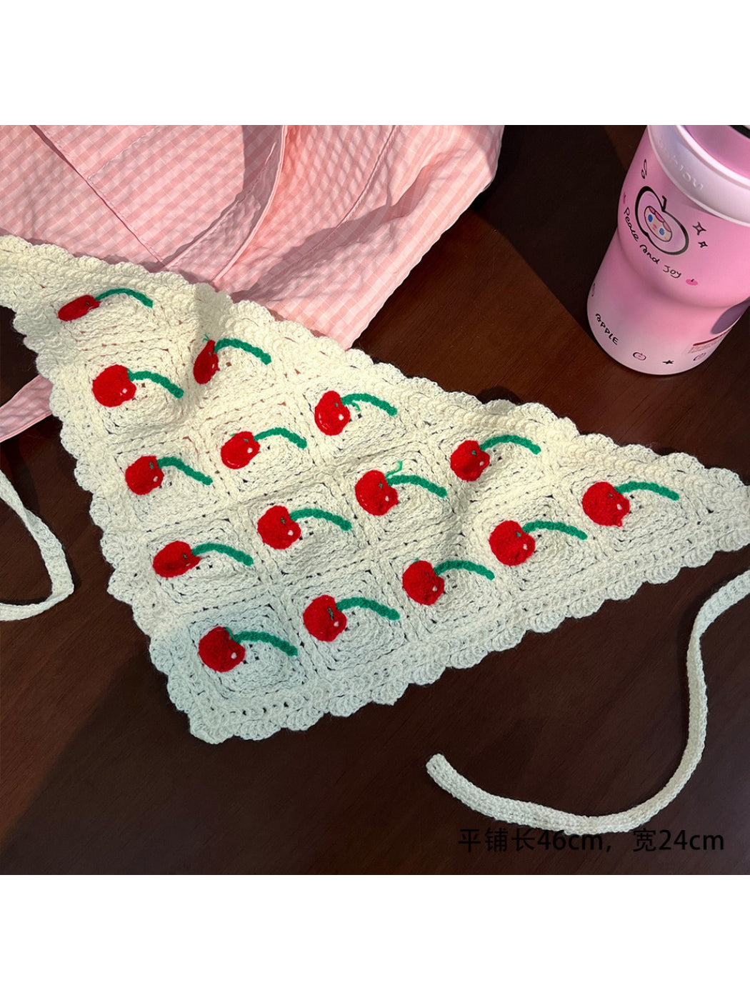 Model wearing Scarvii fruit pattern crochet triangle headband with casual outfit