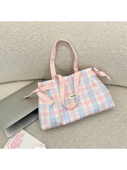 Cosbai - Plaid Bow Tie Detail Tote Bag
