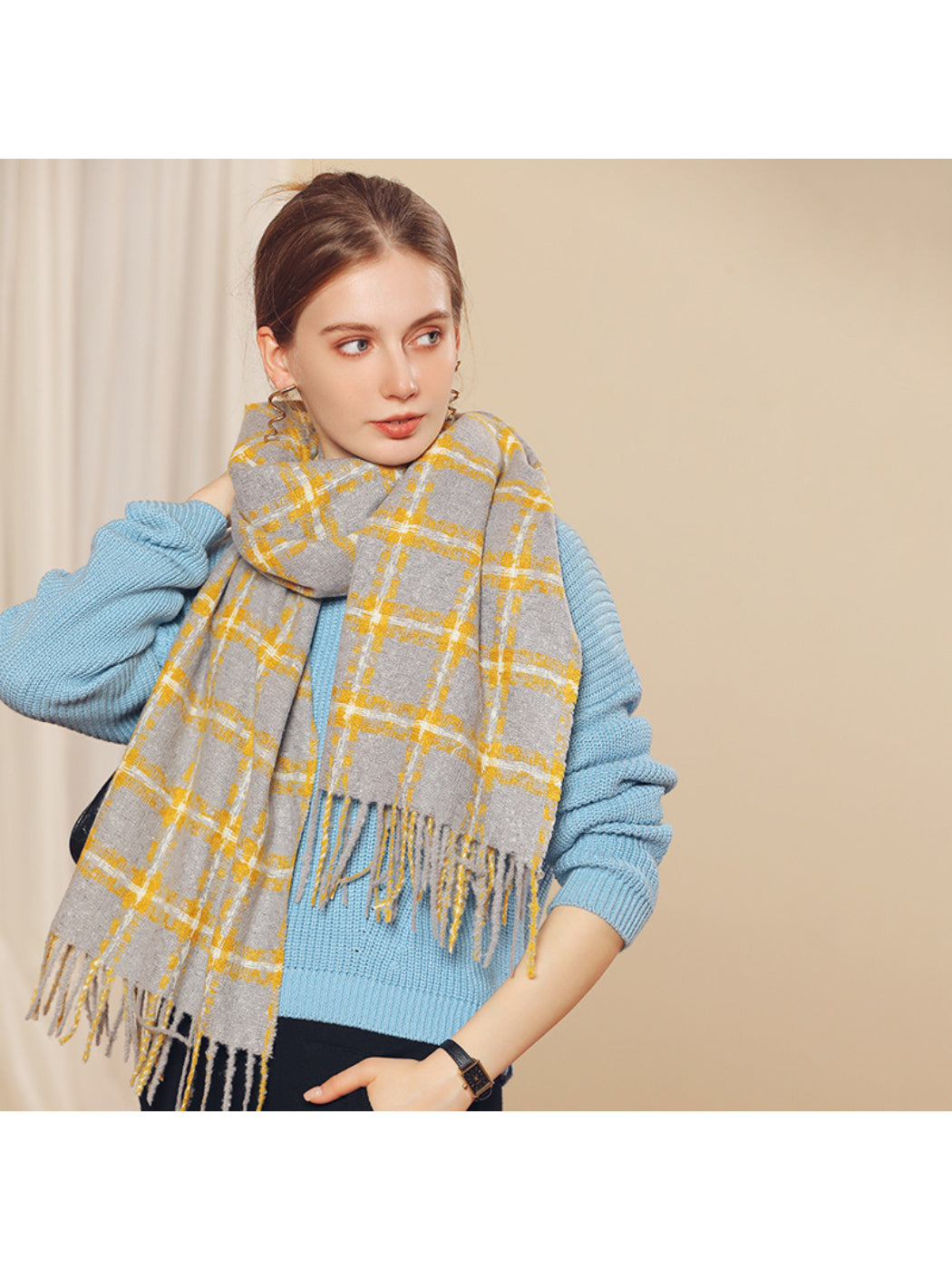 Scarvii - Classic Windowpane Plaid Fringe Scarf