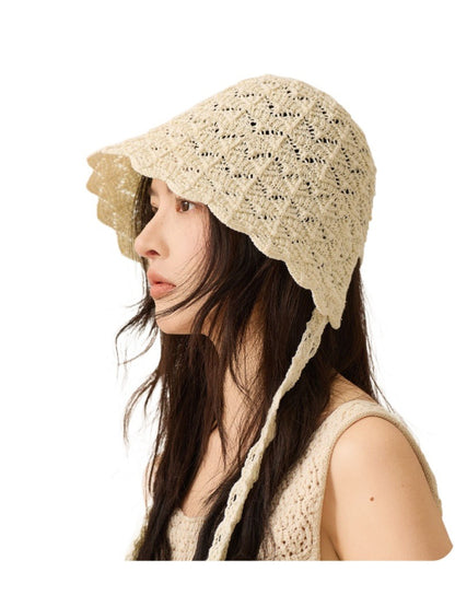 Model wearing Haila lace bonnet hat styled with casual outfit